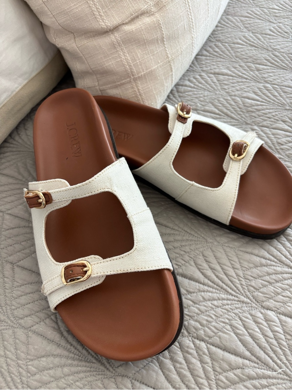 J. Crew Cream Canvas Double-Buckle Slide Sandals with Gold Hardware